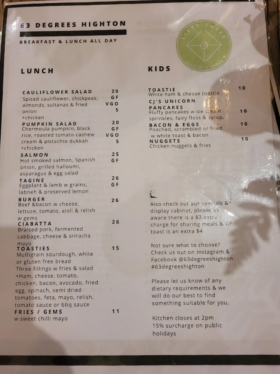 Menu, 63 Degrees Highton