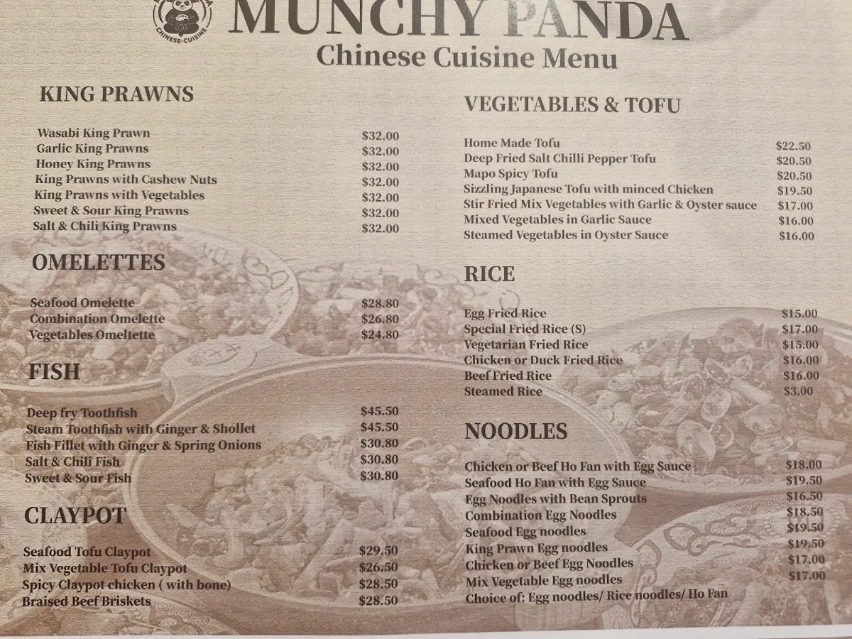 Menu, Munchy Panda Chinese Cuisine