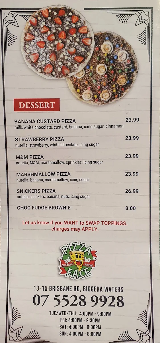 Menu, Pizza Face