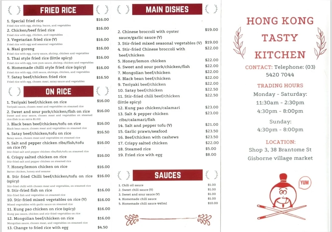 Menu, Hong Kong Tasty Kitchen--Gisborne