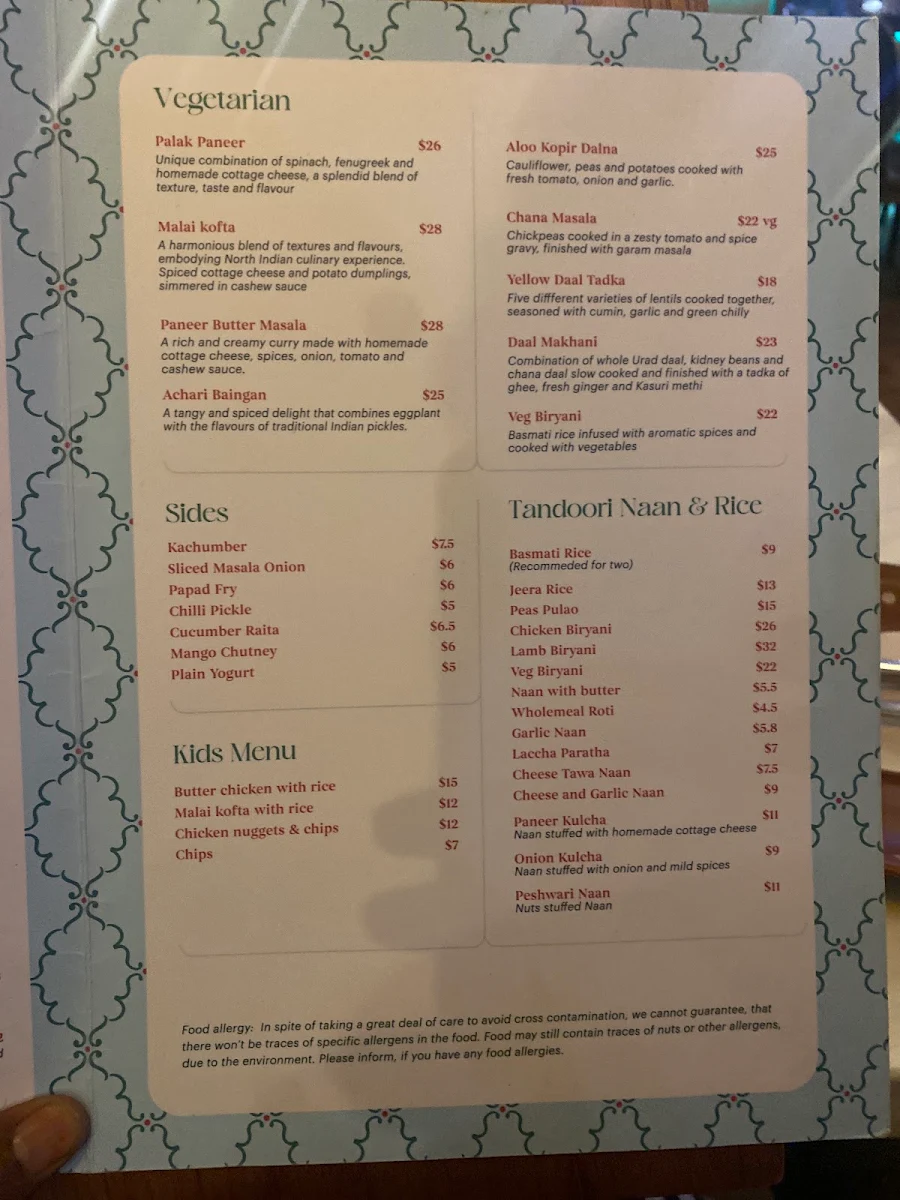 Menu, Kashi Indian Restaurant