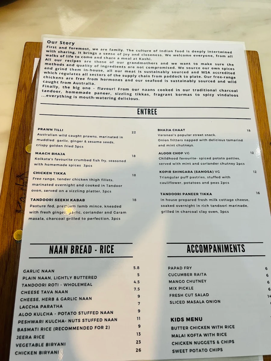 Menu, Kashi Indian Restaurant