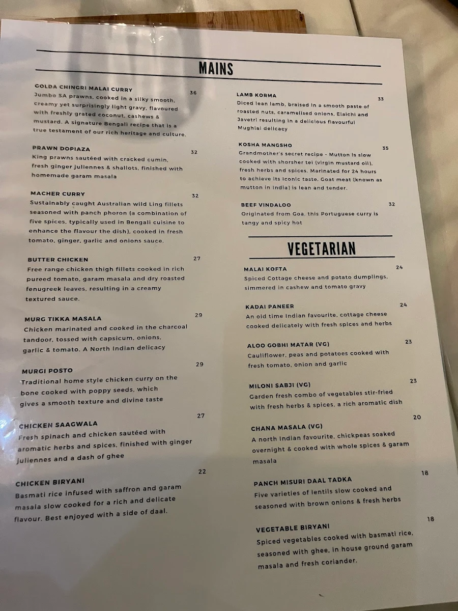 Menu, Kashi Indian Restaurant