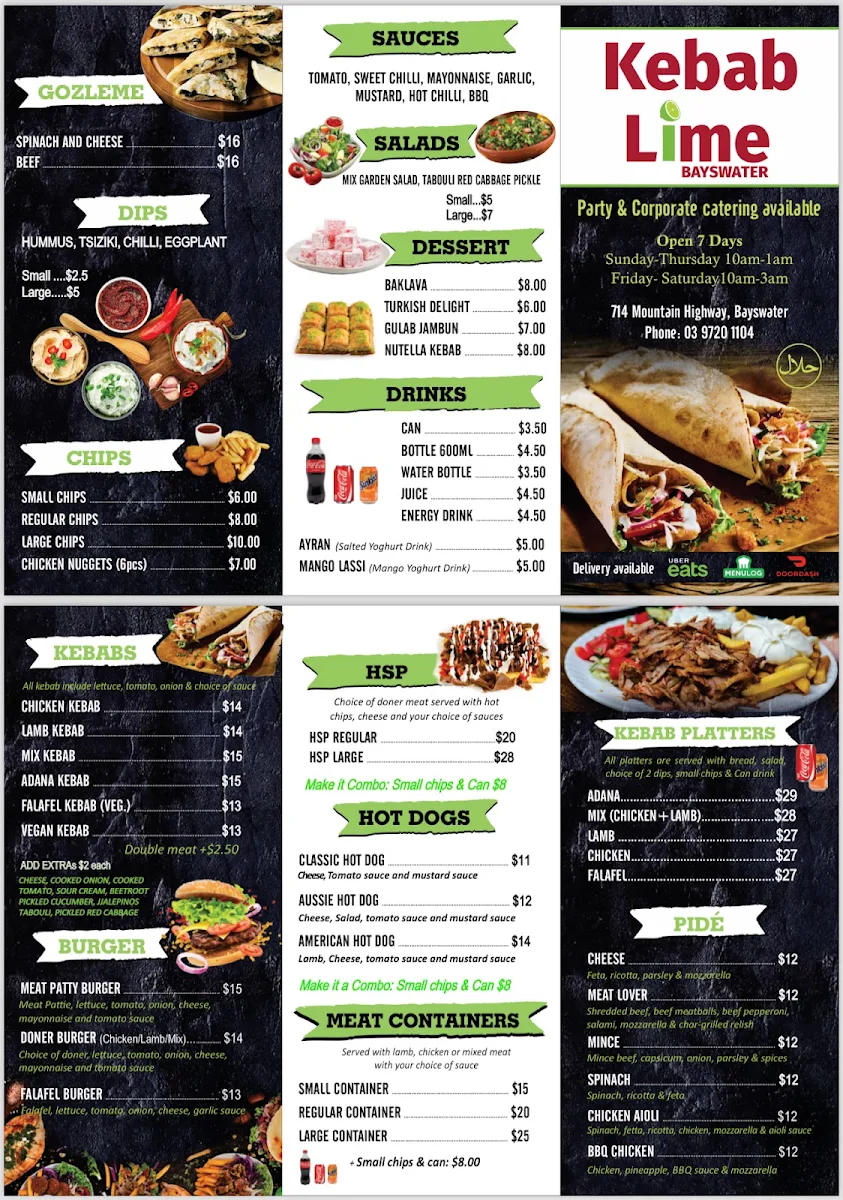 Menu, Kebab Lime - Kebabs & HSP