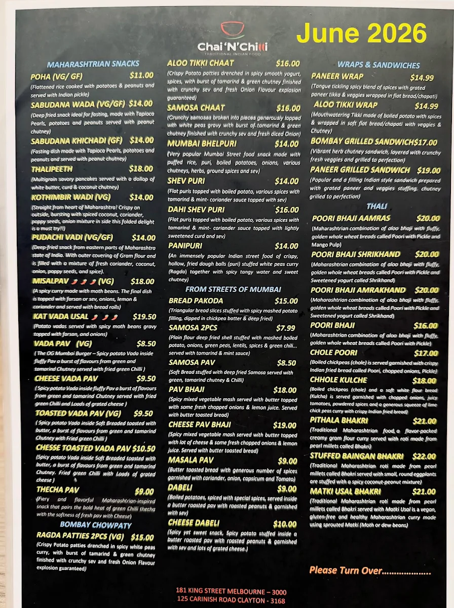 Menu, Chai 'N' Chilli
