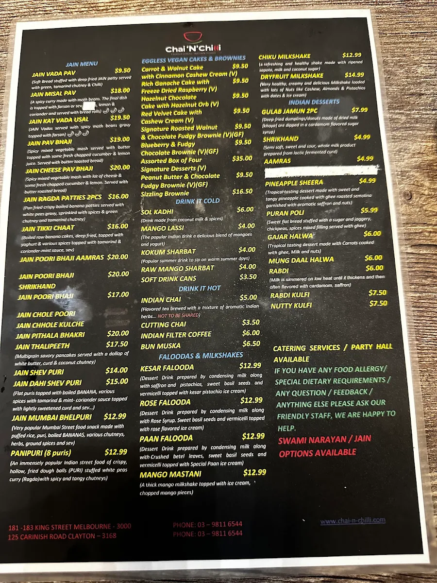 Menu, Chai 'N' Chilli