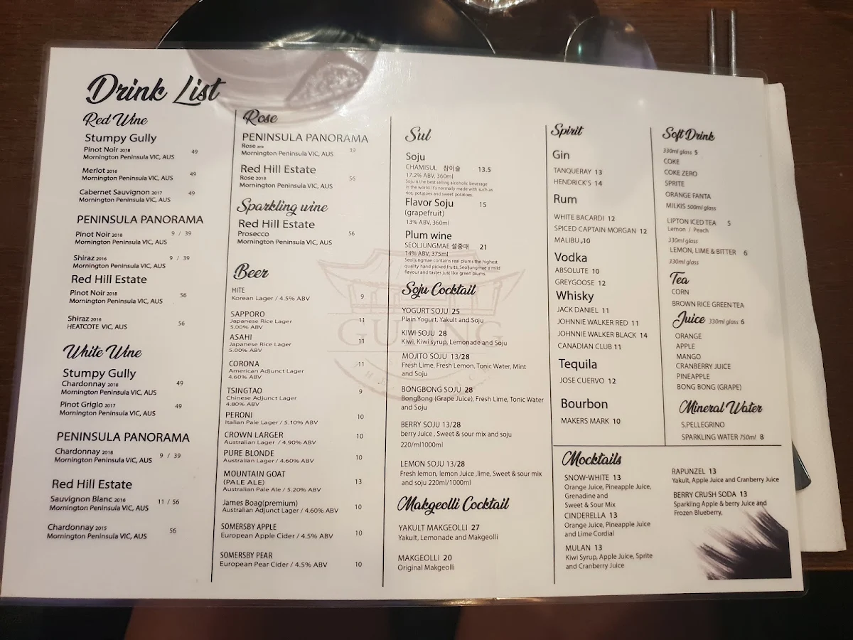 Menu, Guhng The Palace