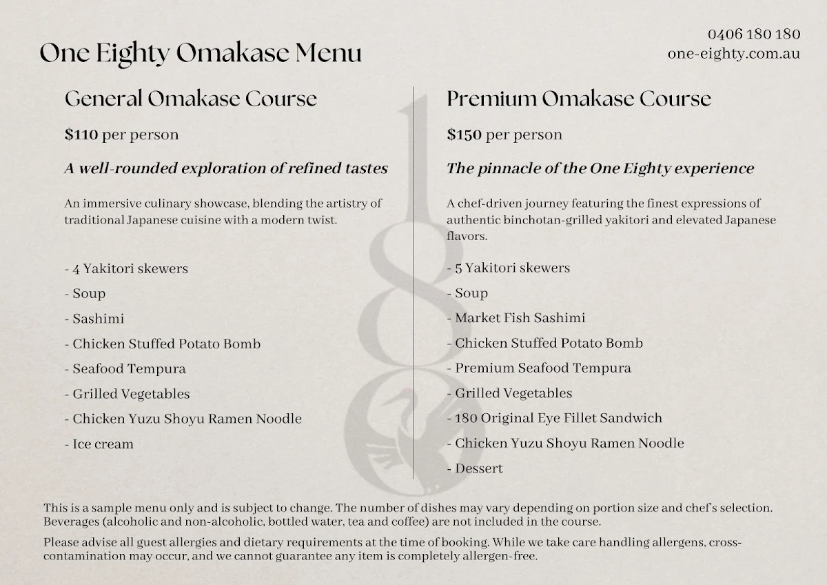 Menu, One Eighty Japanese Restaurant