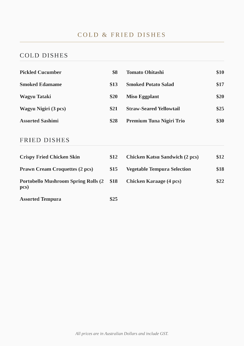 Menu, One Eighty Japanese Restaurant
