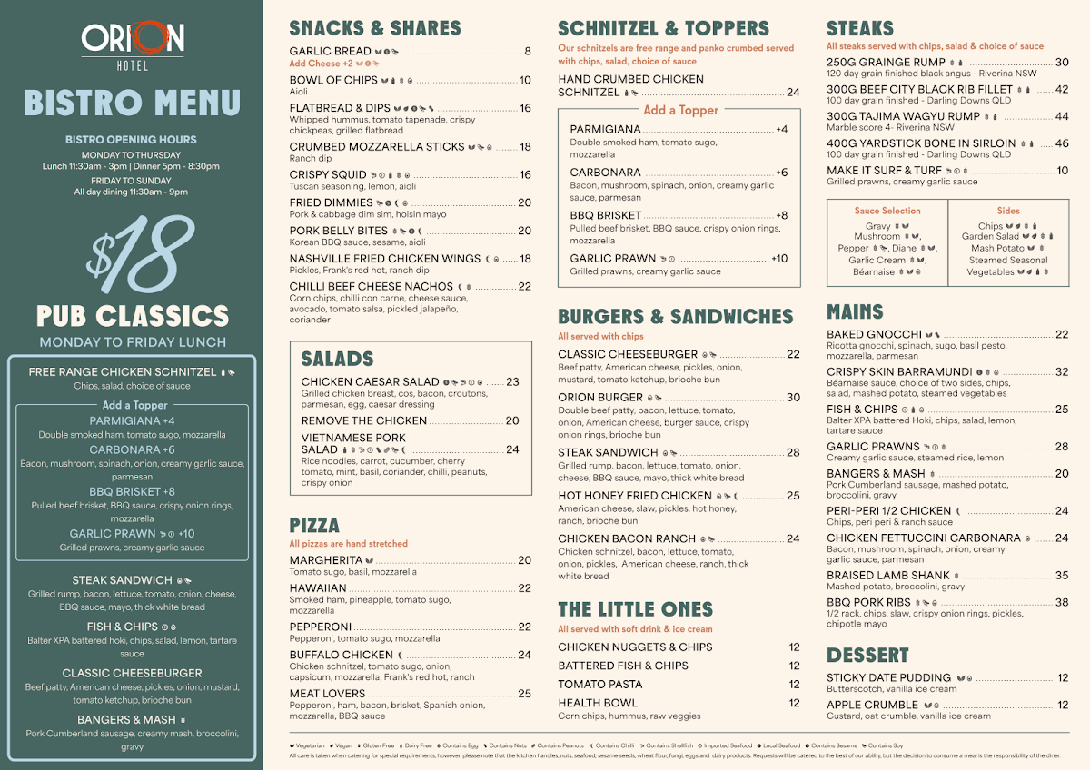 Menu, Orion Hotel