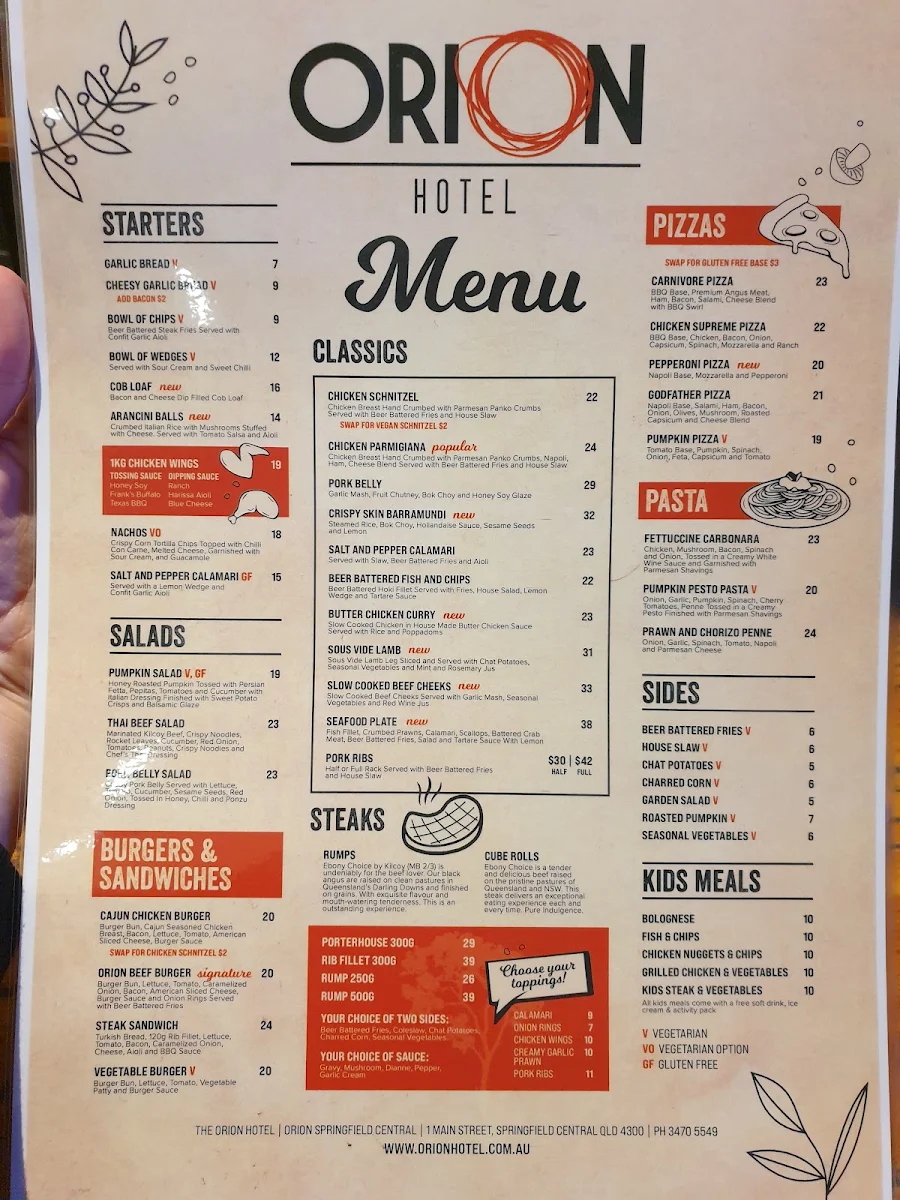 Menu, Orion Hotel
