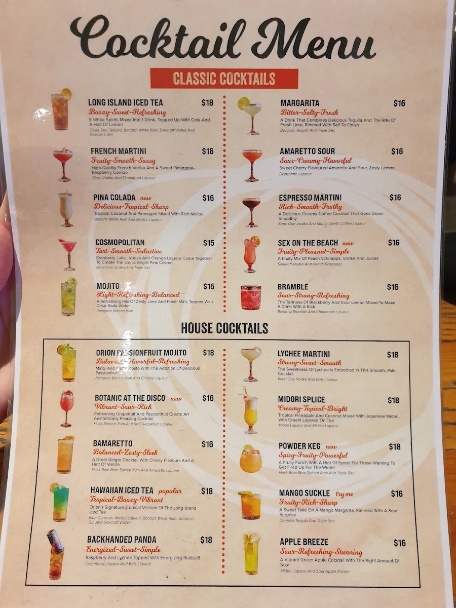 Menu, Orion Hotel