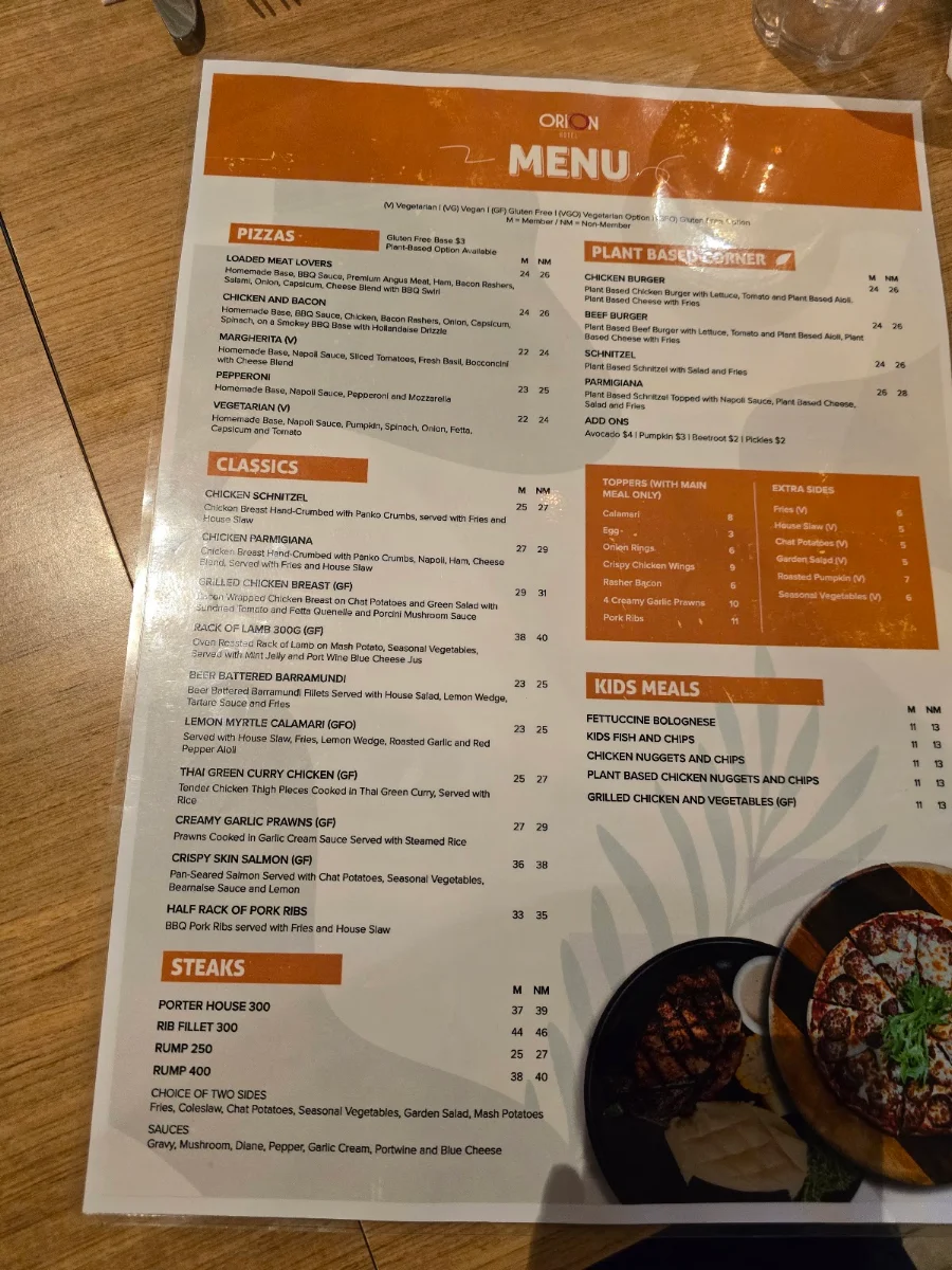 Menu, Orion Hotel