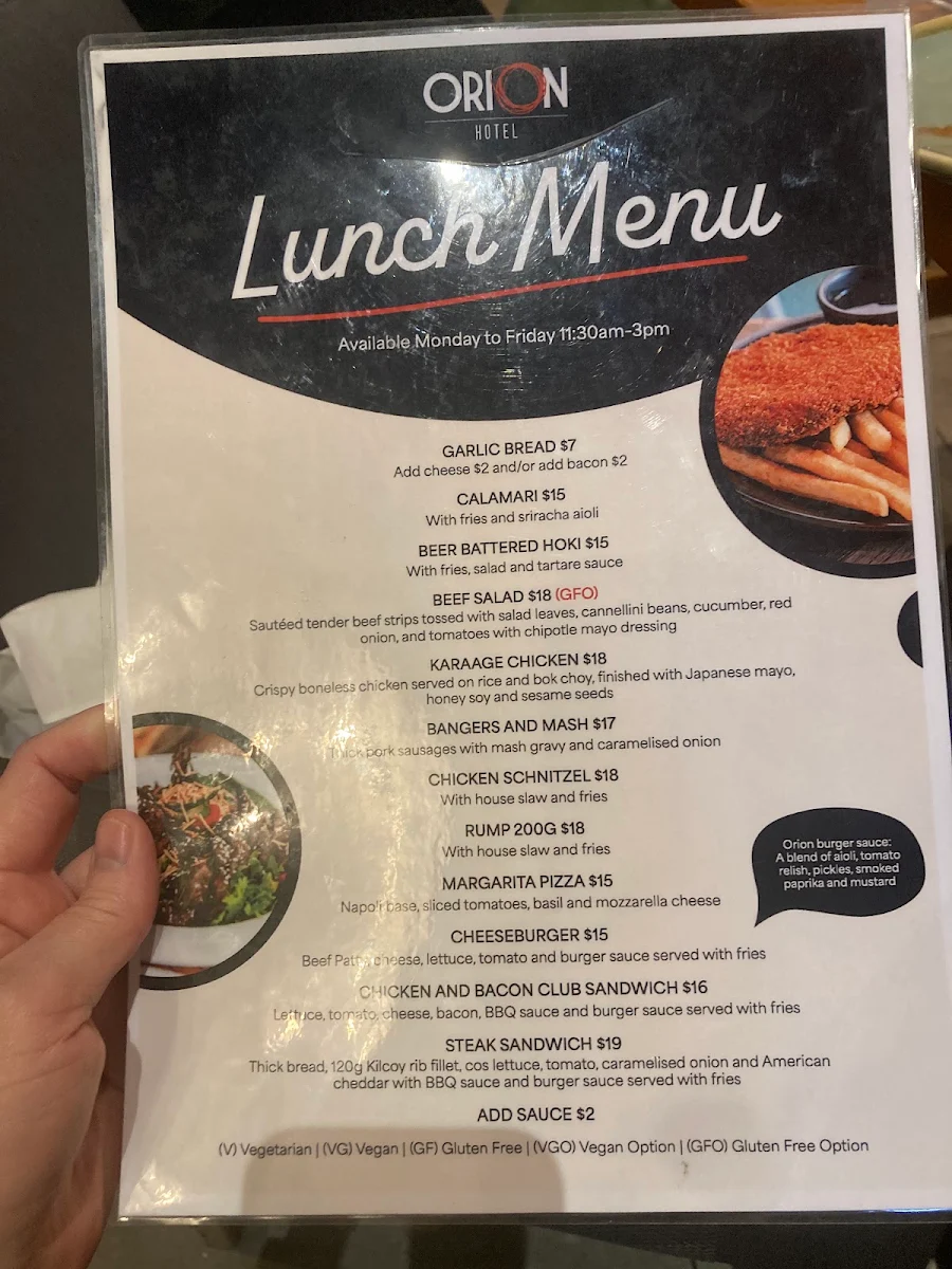 Menu, Orion Hotel