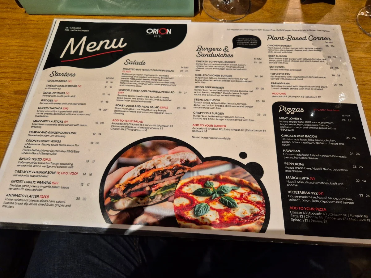 Menu, Orion Hotel