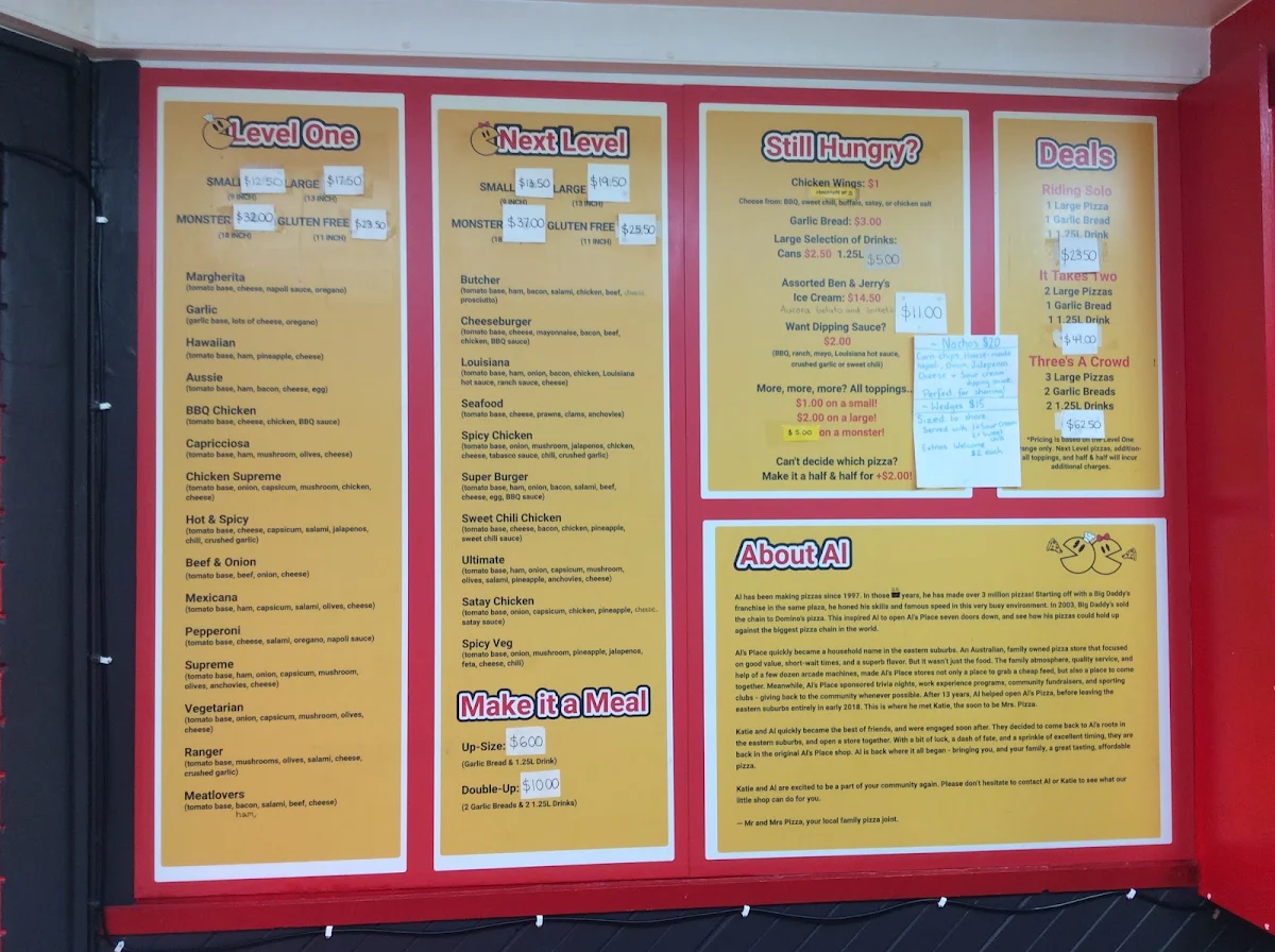 Menu, Mr & Mrs Pizza