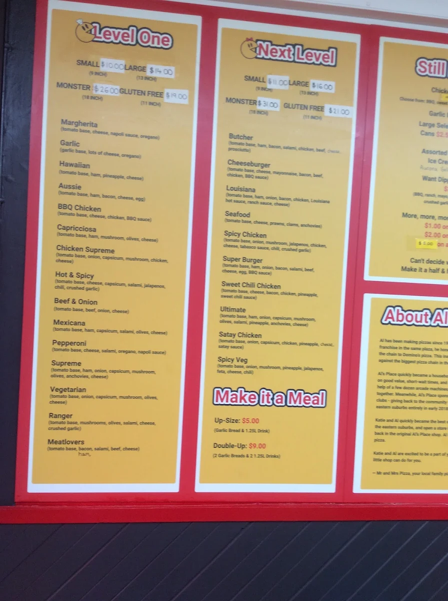 Menu, Mr & Mrs Pizza