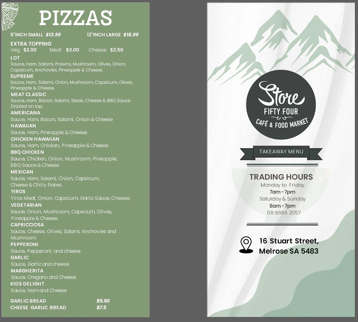 Menu, MELROSE STORE 54