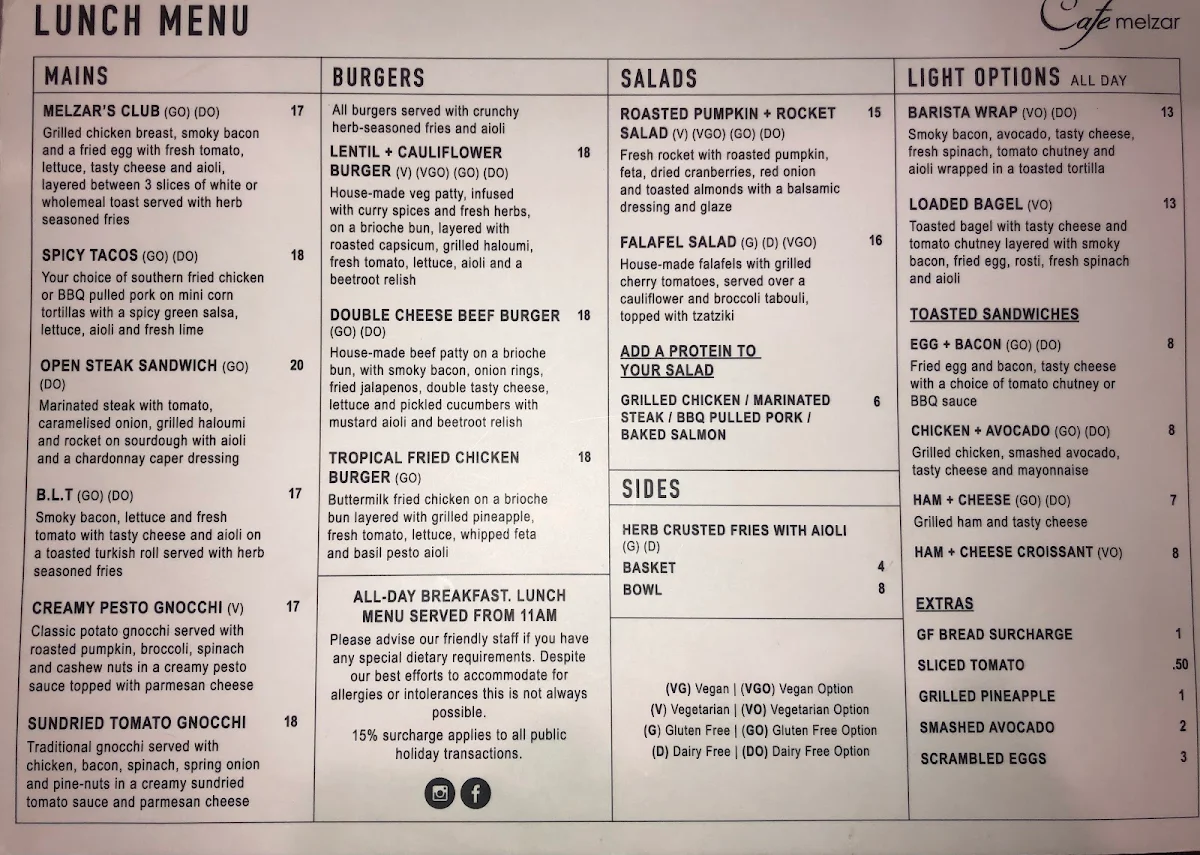 Menu, MELROSE STORE 54
