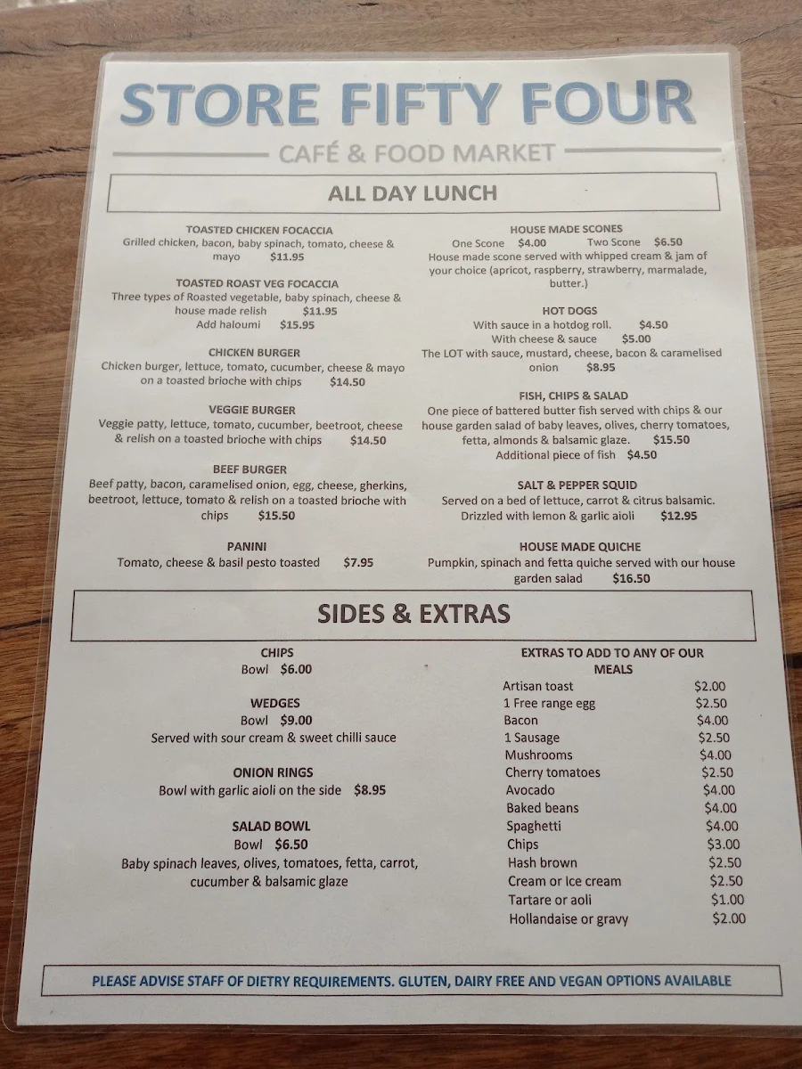 Menu, MELROSE STORE 54