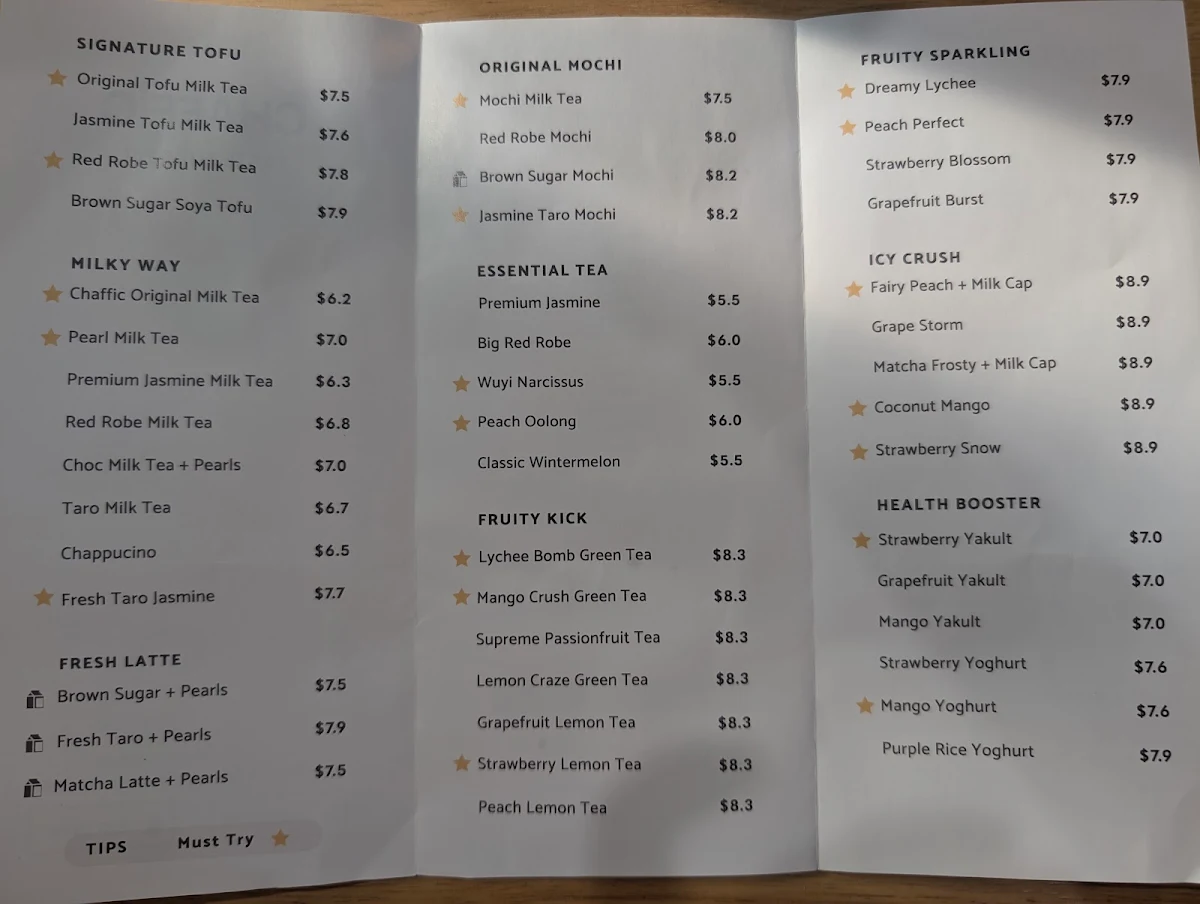 Menu, Chaffic Mirrabooka
