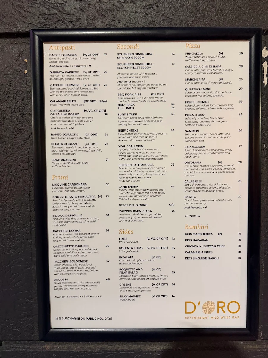 Menu, D'Oro Italian Restaurant and Wine Bar Templestowe