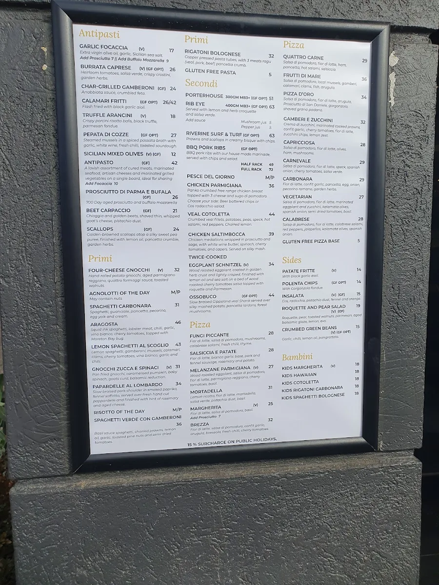 Menu, D'Oro Italian Restaurant and Wine Bar Templestowe