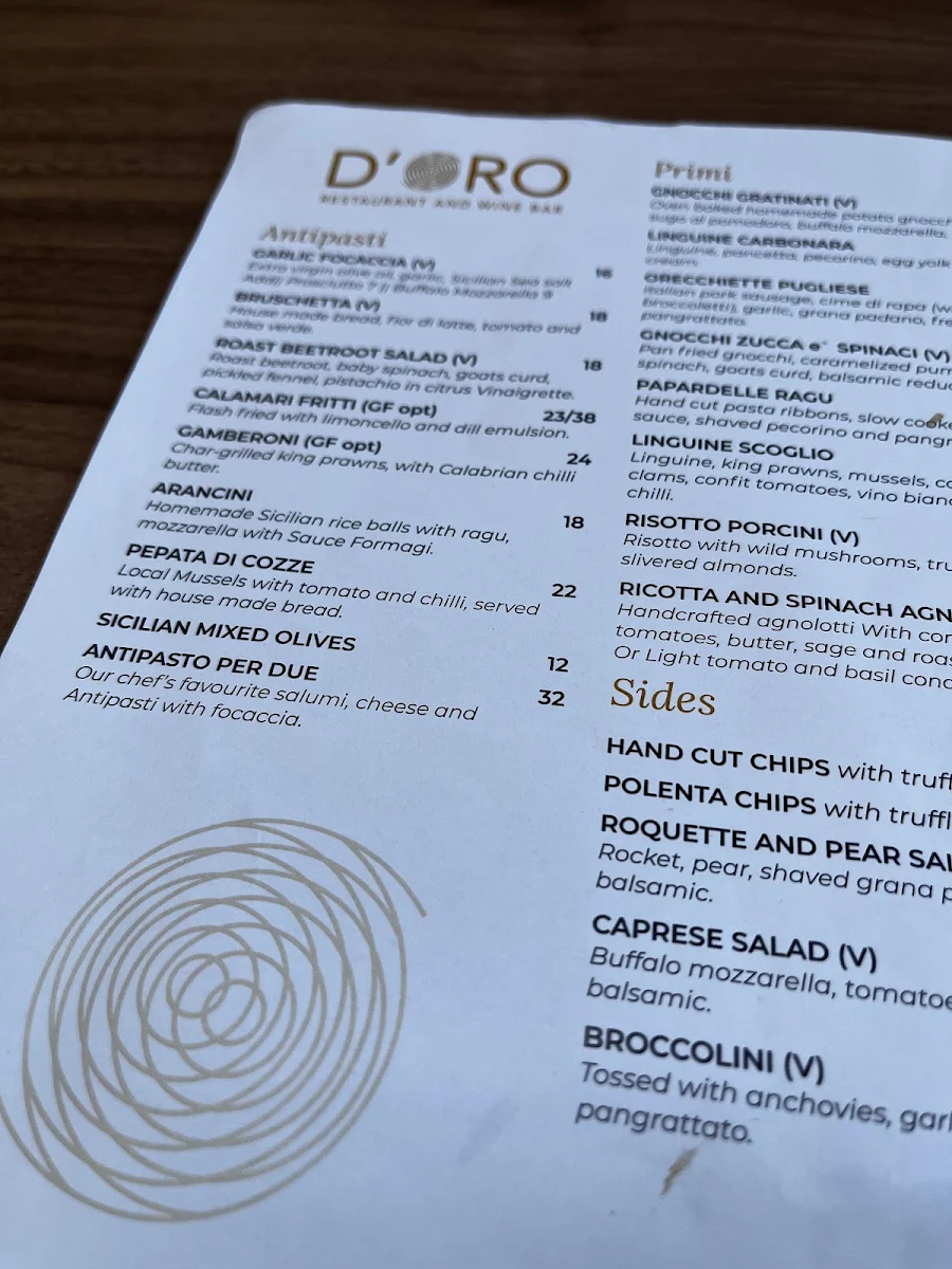 Menu, D'Oro Italian Restaurant and Wine Bar Templestowe