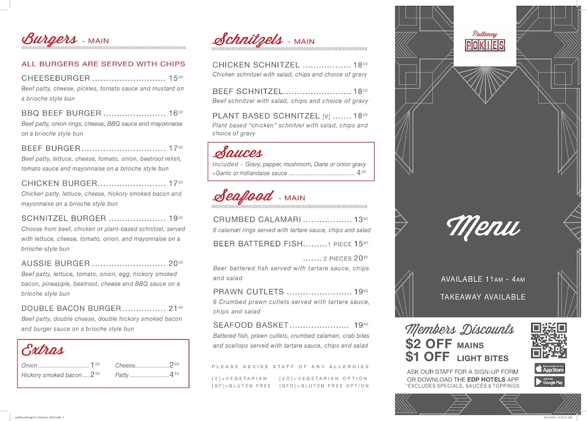 Menu, Pulteney Pokies