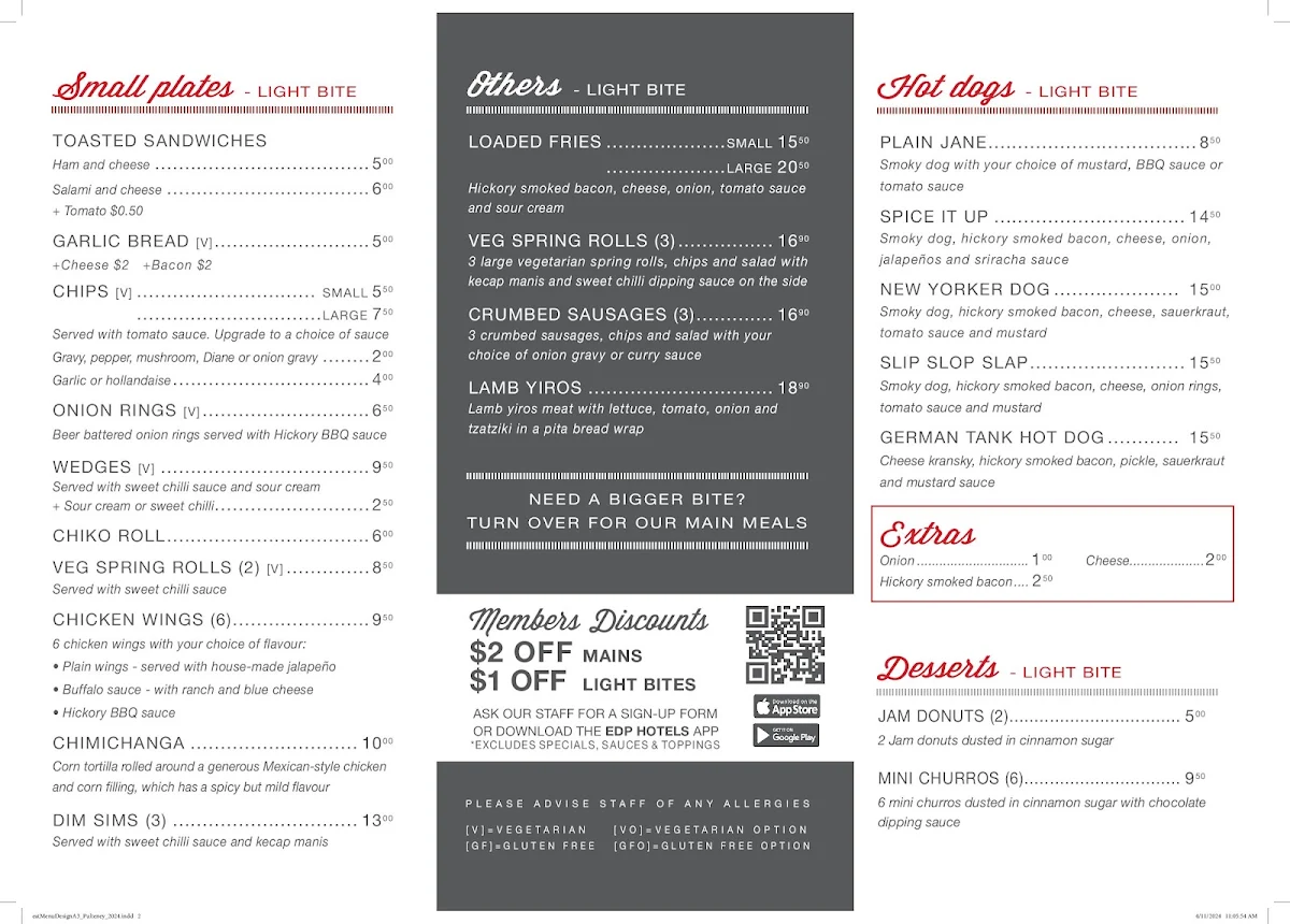 Menu, Pulteney Pokies