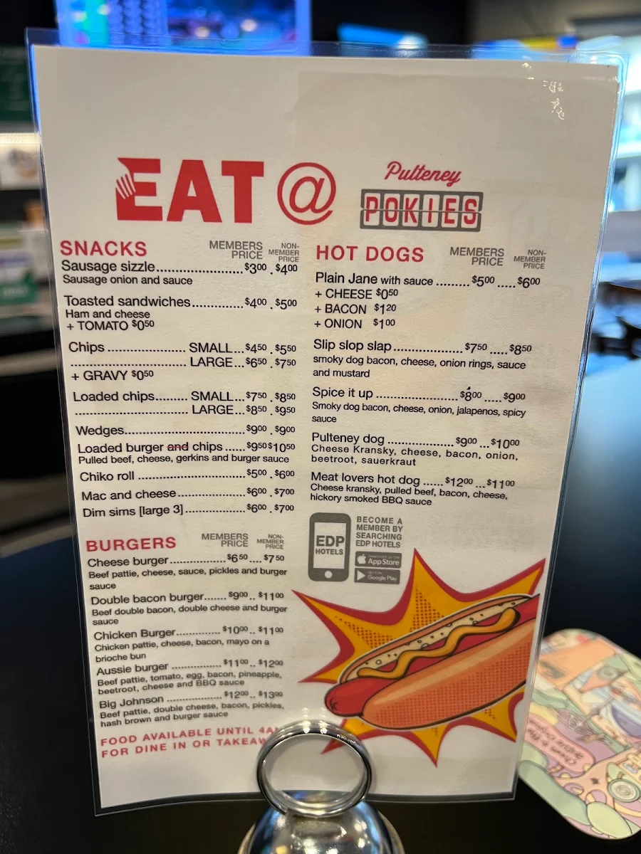 Menu, Pulteney Pokies
