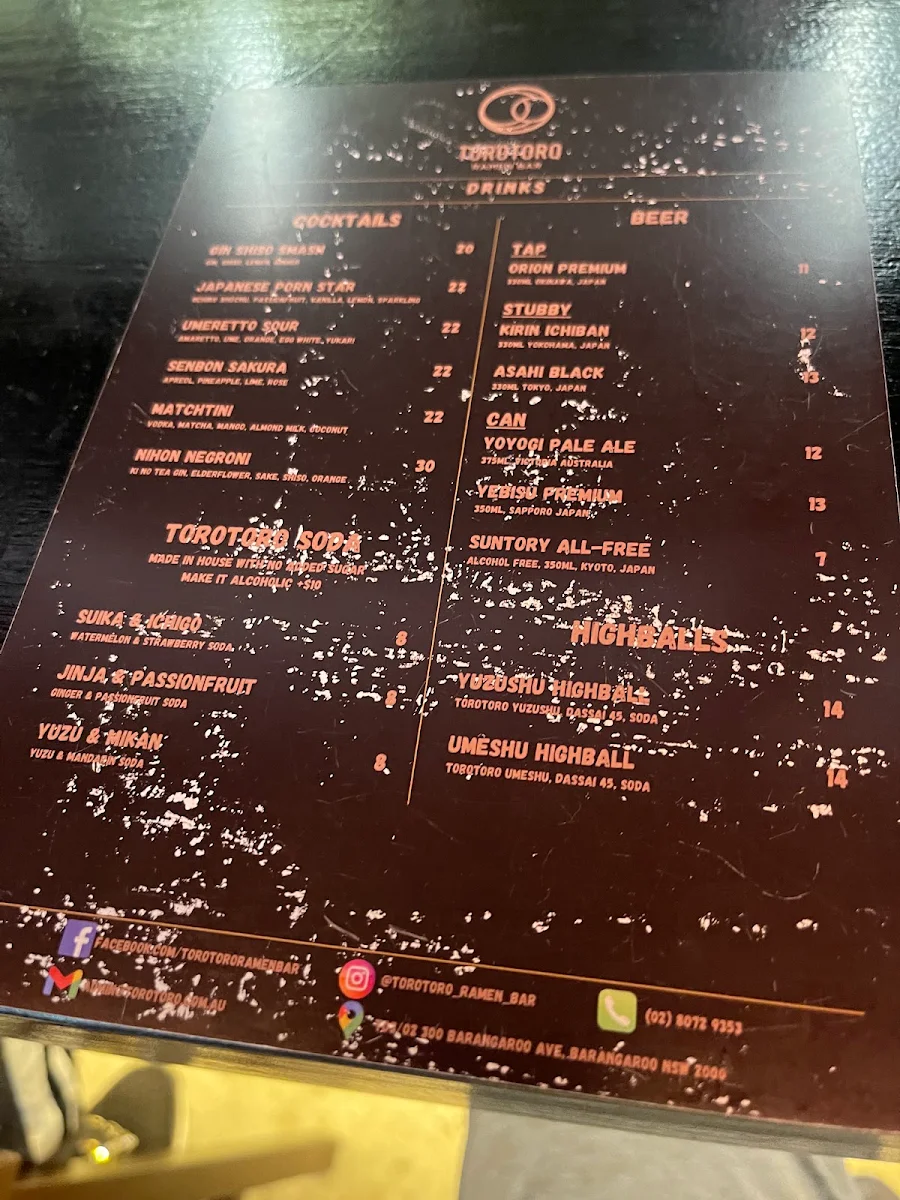 Menu, Torotoro Ramen Bar