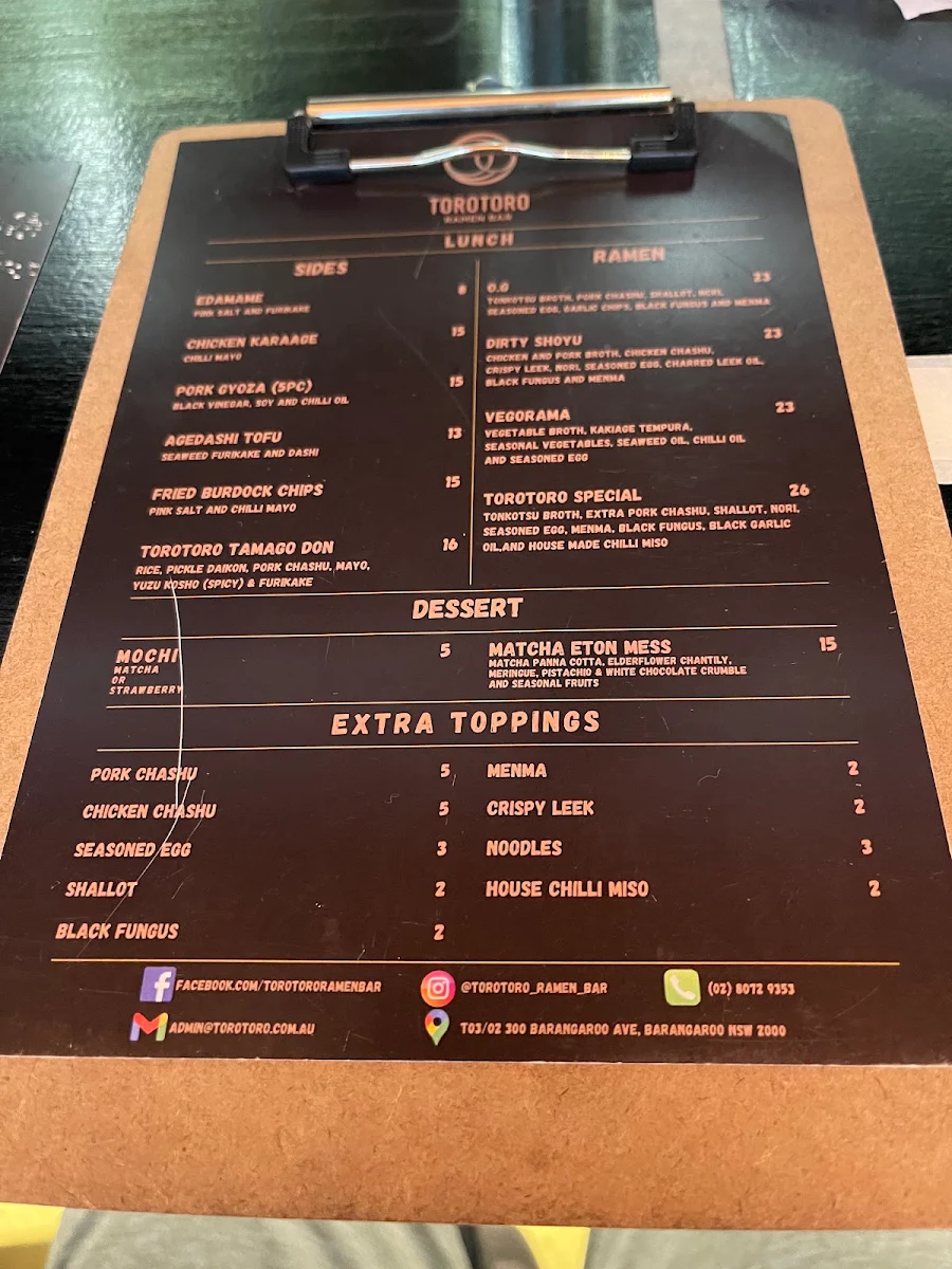 Menu, Torotoro Ramen Bar