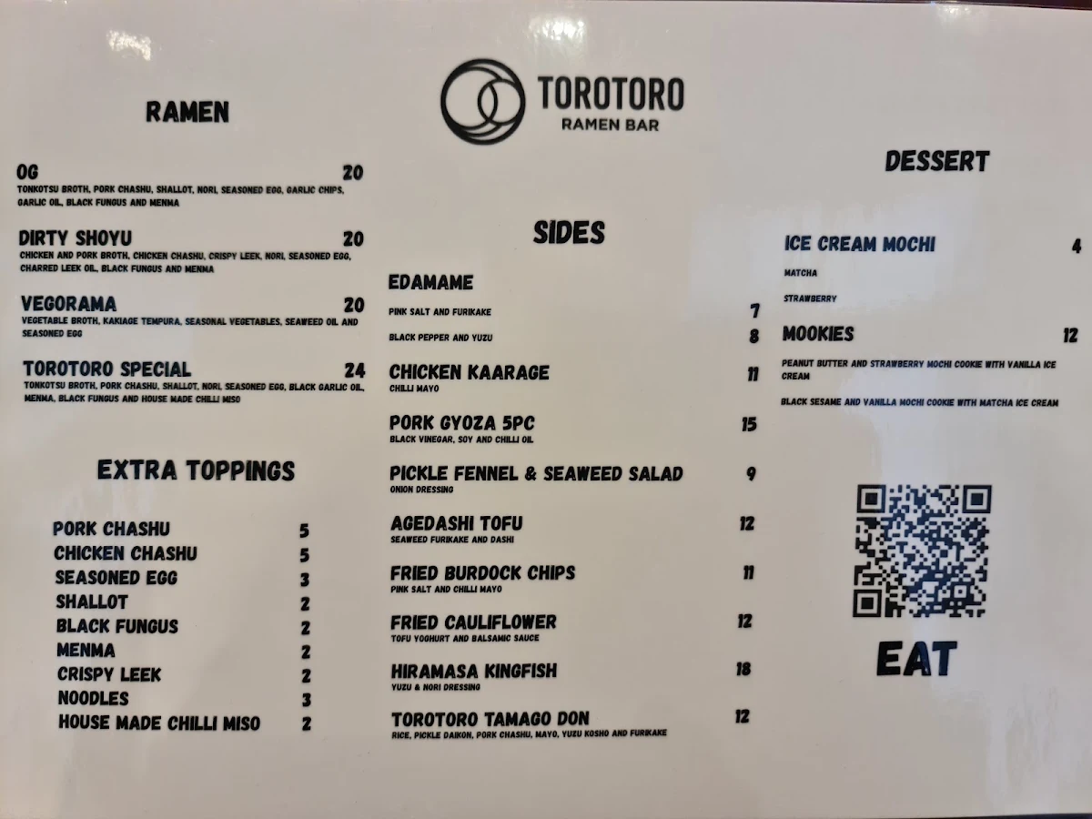 Menu, Torotoro Ramen Bar