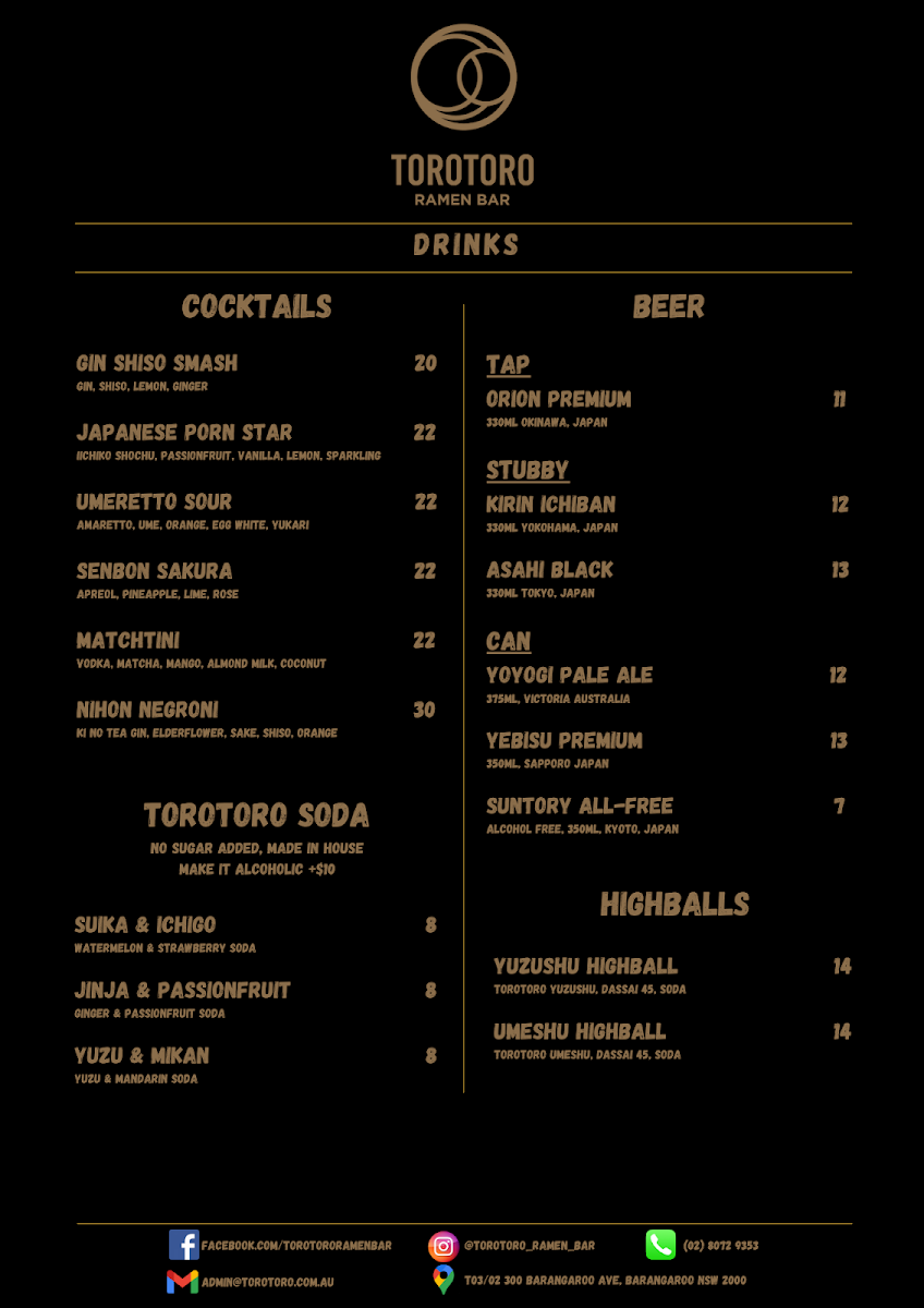 Menu, Torotoro Ramen Bar