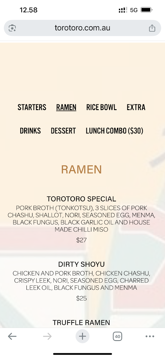 Menu, Torotoro Ramen Bar