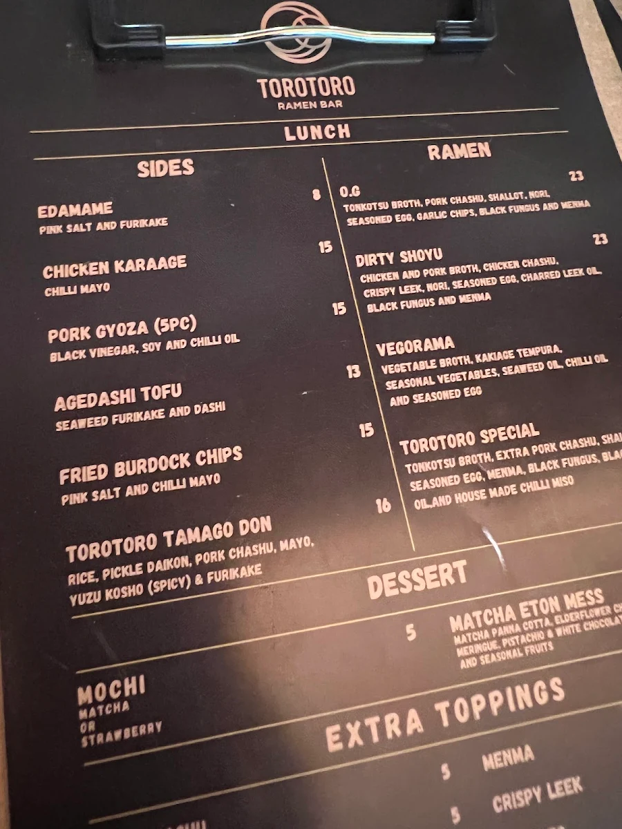 Menu, Torotoro Ramen Bar