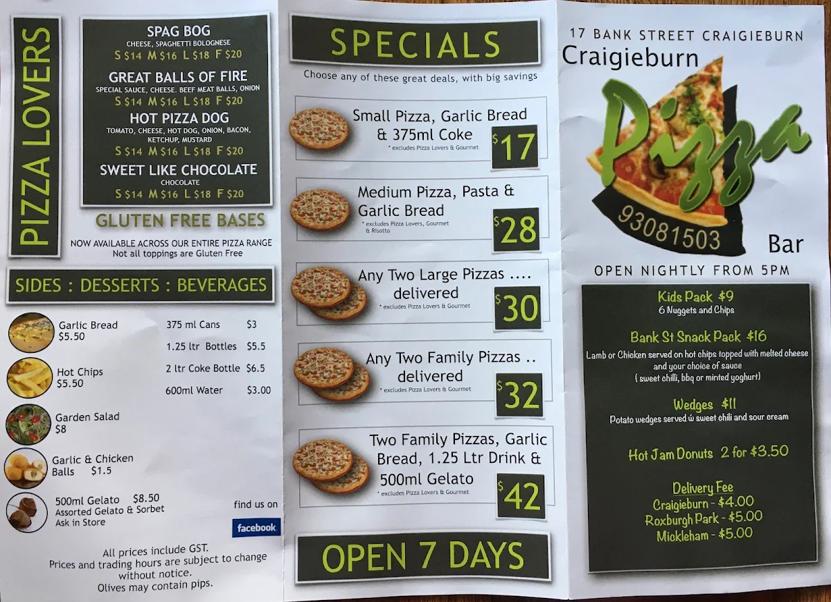 Menu, Craigieburn Pizza Bar
