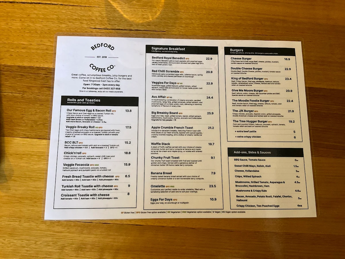 Menu, Bedford Coffee Co