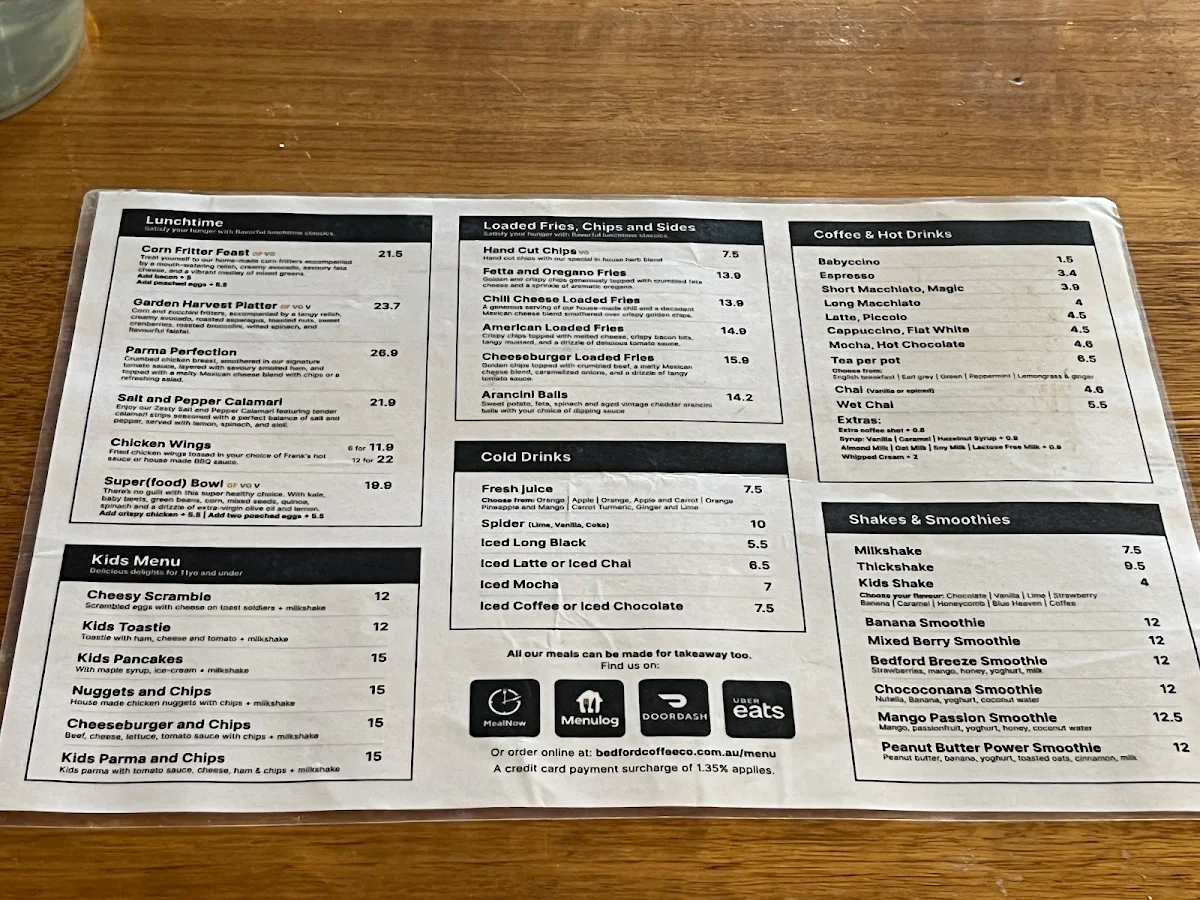 Menu, Bedford Coffee Co