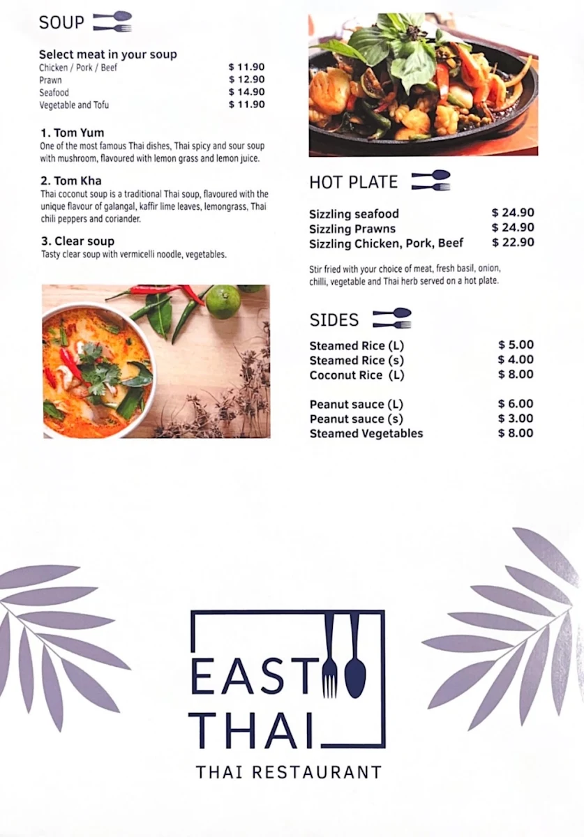 Menu, East Thai Restaurant