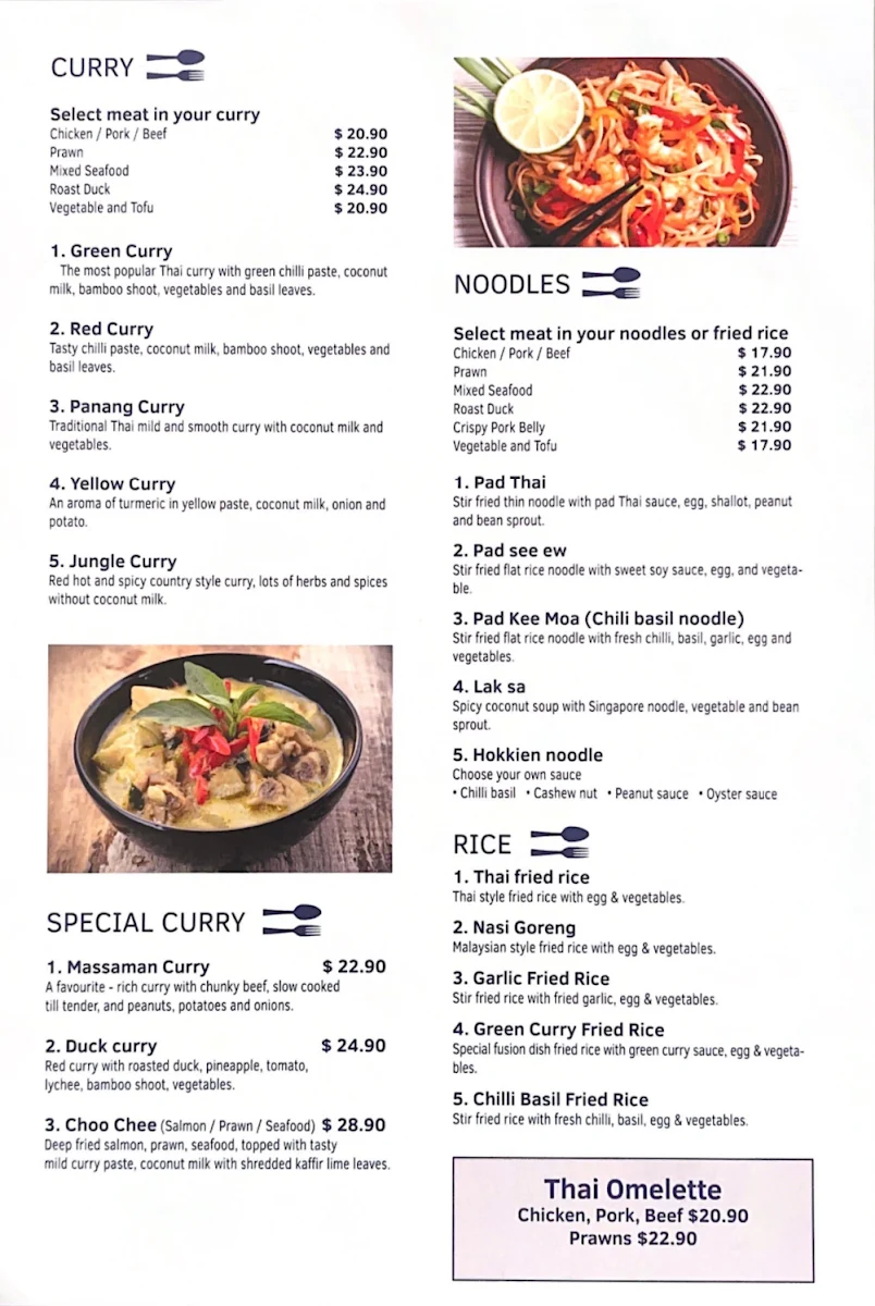 Menu, East Thai Restaurant
