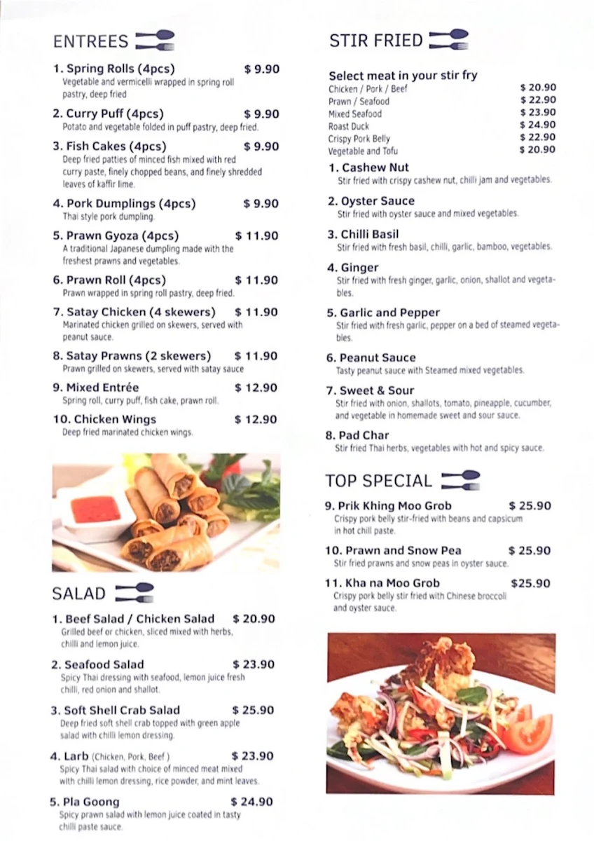 Menu, East Thai Restaurant