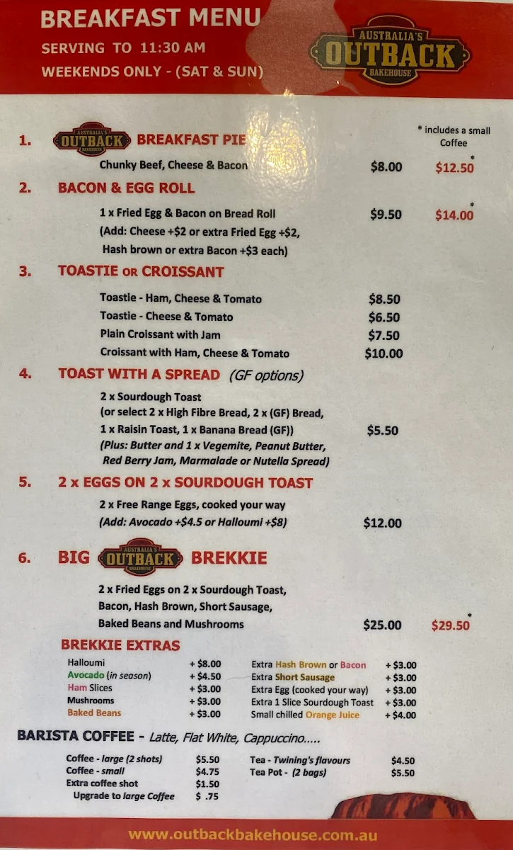 Menu, Outback Bakehouse