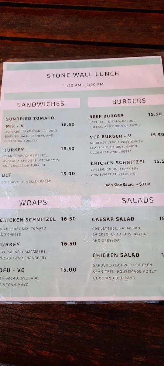 Menu, Stonewall Cafe Kiama (Australian and Filipino food)