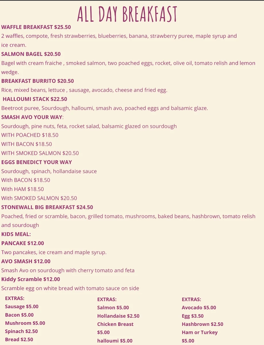 Menu, Stonewall Cafe Kiama (Australian and Filipino food)