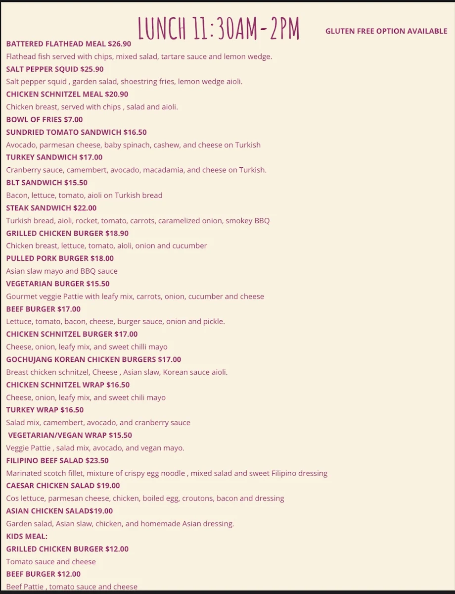 Menu, Stonewall Cafe Kiama (Australian and Filipino food)