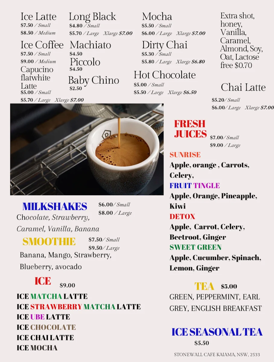 Menu, Stonewall Cafe Kiama (Australian and Filipino food)