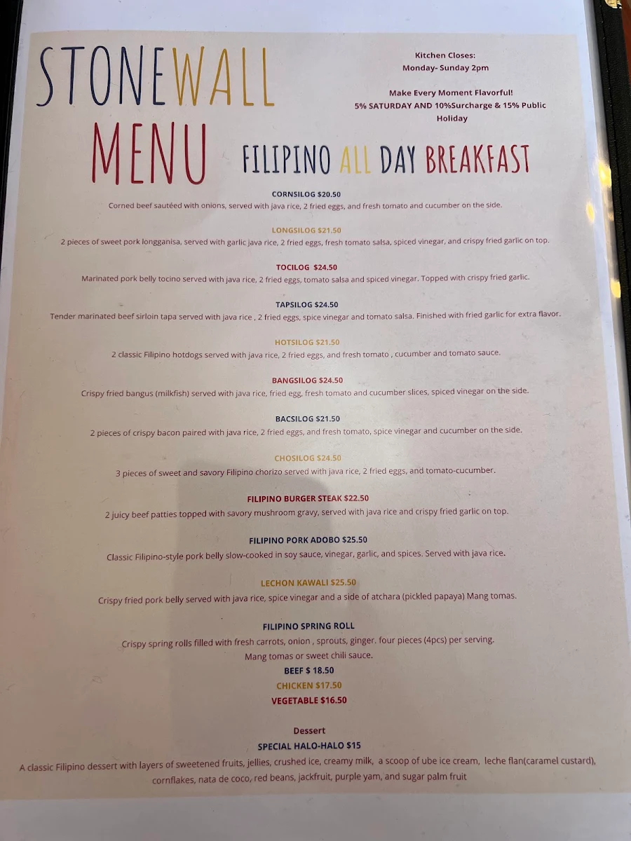 Menu, Stonewall Cafe Kiama (Australian and Filipino food)