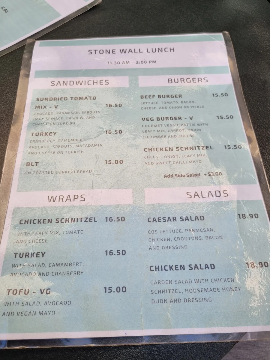 Menu, Stonewall Cafe Kiama (Australian and Filipino food)